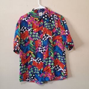 Vintage H.E.R. Silk Patterned Short Sleeve Button Down Blouse